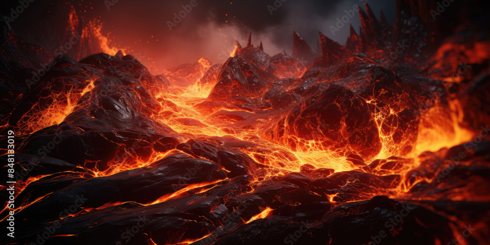 Hot volcanic lava flows down the slopes of the volcano, melting everything around Hot volcanic lava flows down the slopes of the volcano, melting everything around