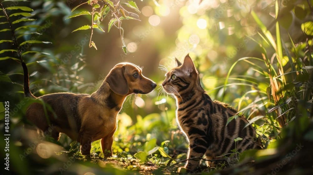 A curious Dachshund and a sleek Bengal cat exploring a sunlit forest together, with lush greenery and a bright, vibrant setting. --ar 16:9 --style raw Job ID: be279297-df4c-4f64-8da0-4f183c5cf2d4 A curious Dachshund and a sleek Bengal cat exploring a sunlit forest together, with lush greenery and a bright, vibrant setting. --ar 16:9 --style raw Job ID: be279297-df4c-4f64-8da0-4f183c5cf2d4