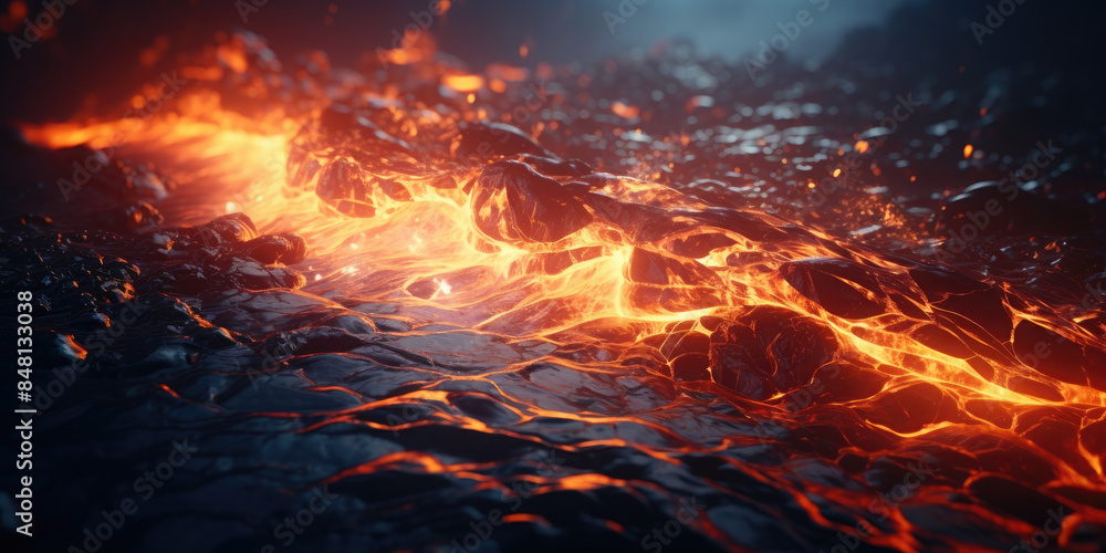 Hot volcanic lava flows down the slopes of the volcano, melting everything around Hot volcanic lava flows down the slopes of the volcano, melting everything around