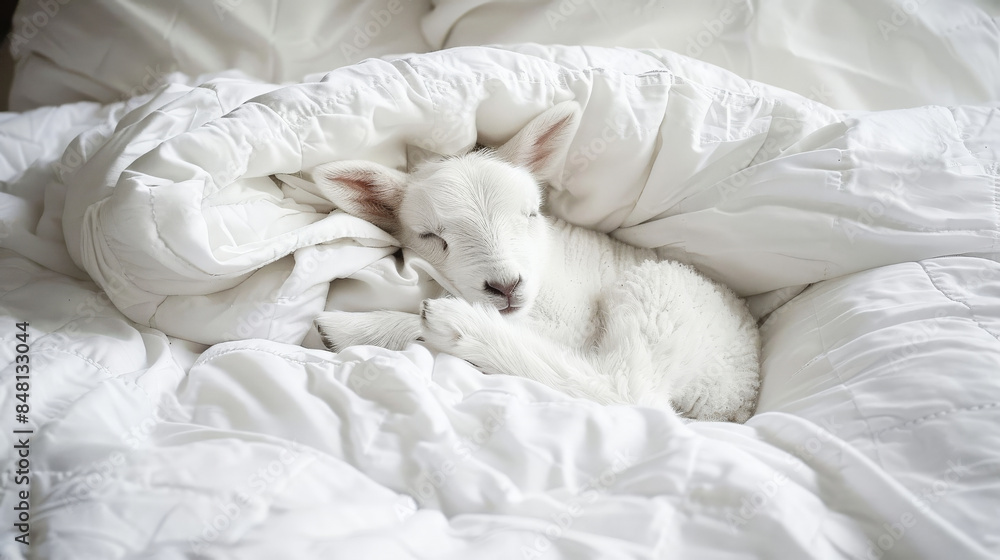 Adorable lamb resting on cozy blankets in soft, warm lighting for a comforting, serene scene Adorable lamb resting on cozy blankets in soft, warm lighting for a comforting, serene scene