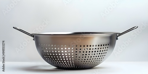 Stainless Steel Colander A Common Kitchen Utensil Isolated on White Background. Concept Kitchen Utensils, Stainless Steel, Colander, White Background, Isolated photo