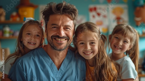 Create an image of a dentist greeted by their children with handmade drawings and cards, proudly displaying their artwork and