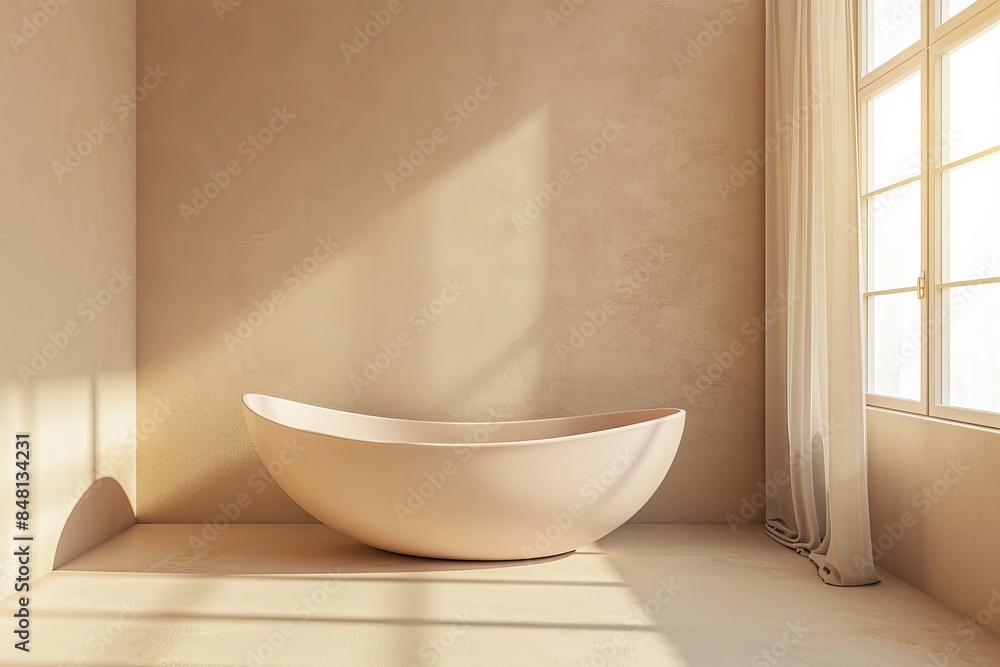Hotel bathroom with bathtub and sink, window and empty tile walls Hotel bathroom with bathtub and sink, window and empty tile walls
