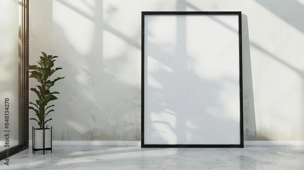 black wooden frame poster standing on the floor, mockup black wooden frame poster standing on the floor, mockup