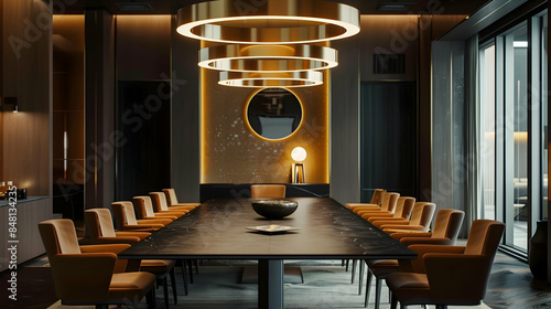Elegant dining area with a spacious black and tan table, cozy brown chairs, and captivating gold circular light fixtures