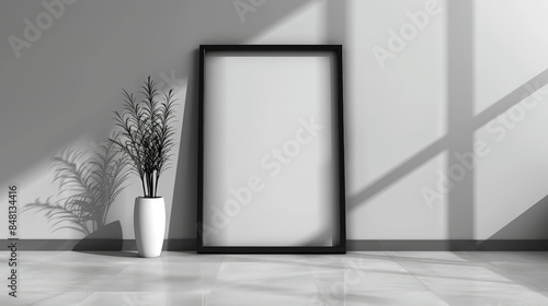 black wooden frame poster standing on the floor, mockup