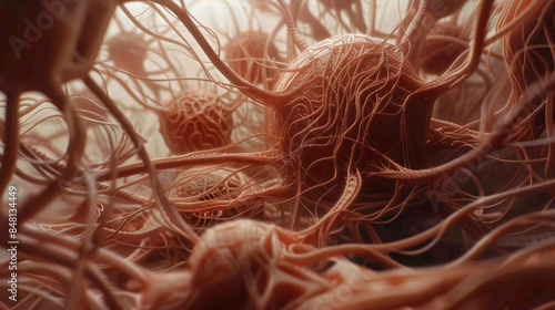 A microscopic parasite, magnified to monstrous proportions, reveals a grotesque network of fleshy tendrils and pulsating organs. The abstract 3D background resembles a distorted cellular landscape. photo