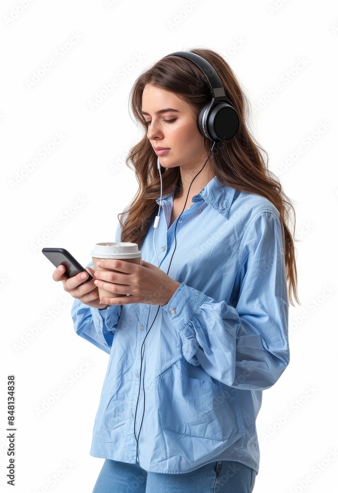 The side profile of a smiling woman with a coffee cup and smartphone on a white background. Photography concept. The side profile of a smiling woman with a coffee cup and smartphone on a white background. Photography concept.