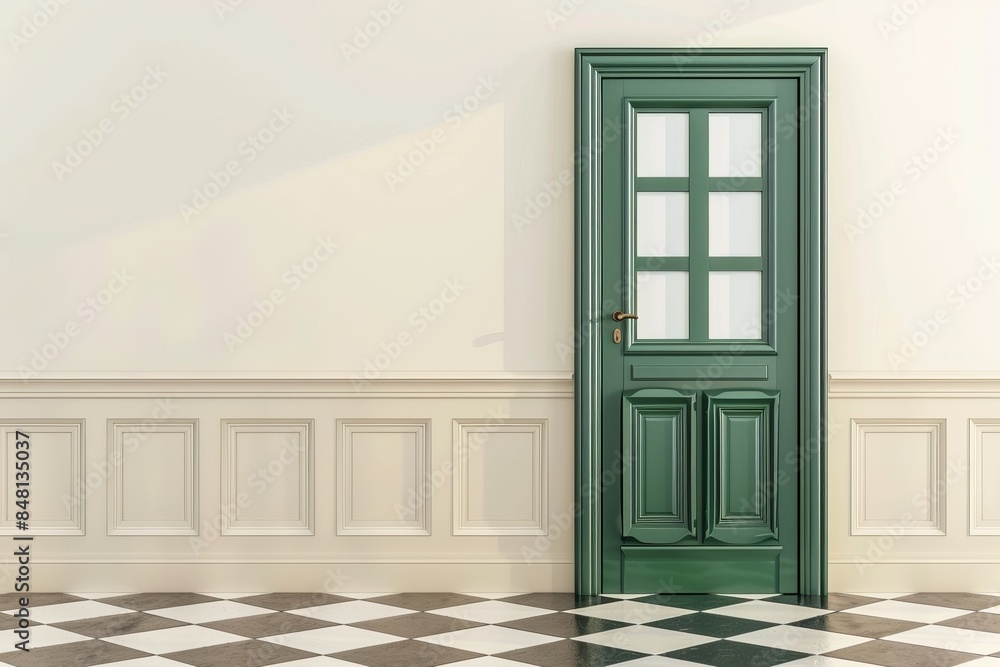 A stylish cafe interior featuring a green door and an empty wall, the entrance to the dining area A stylish cafe interior featuring a green door and an empty wall, the entrance to the dining area
