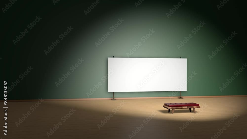 3D rendering virtual room with bench and large white screen for exhibit-type projections 3D rendering virtual room with bench and large white screen for exhibit-type projections