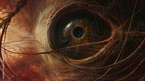 A colossal, pulsating eye with a central pupil that writhes and pulsates grotesquely. Parasitic tendrils snake out from the eye socket, reaching towards the viewer. The abstract 3D background is a photo