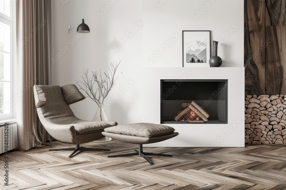 A single armchair sits in front of an empty canvas mounted on a beige wall in a living room A single armchair sits in front of an empty canvas mounted on a beige wall in a living room