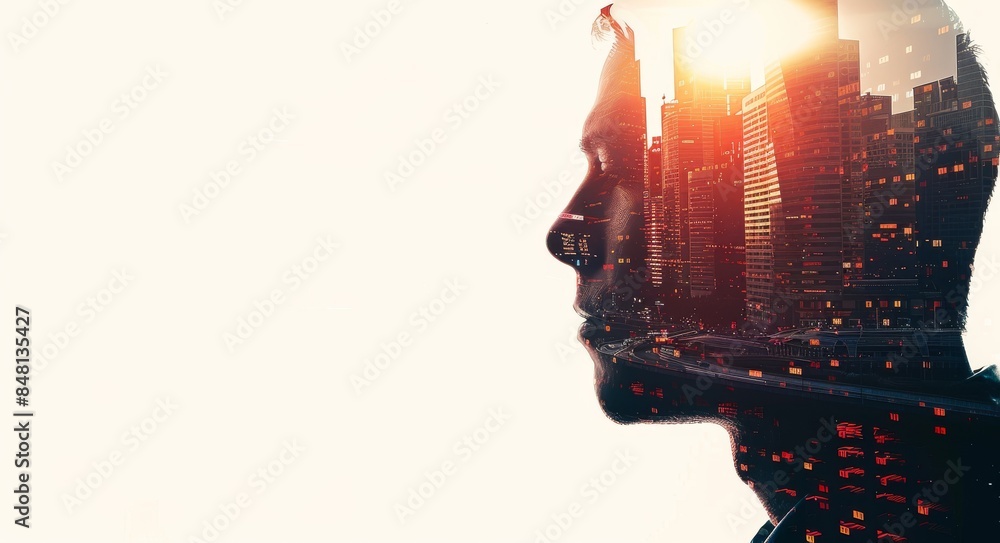 A silhouette of a man with a double exposure of a vibrant cityscape, implying success. Stock AI. A silhouette of a man with a double exposure of a vibrant cityscape, implying success. Stock AI.