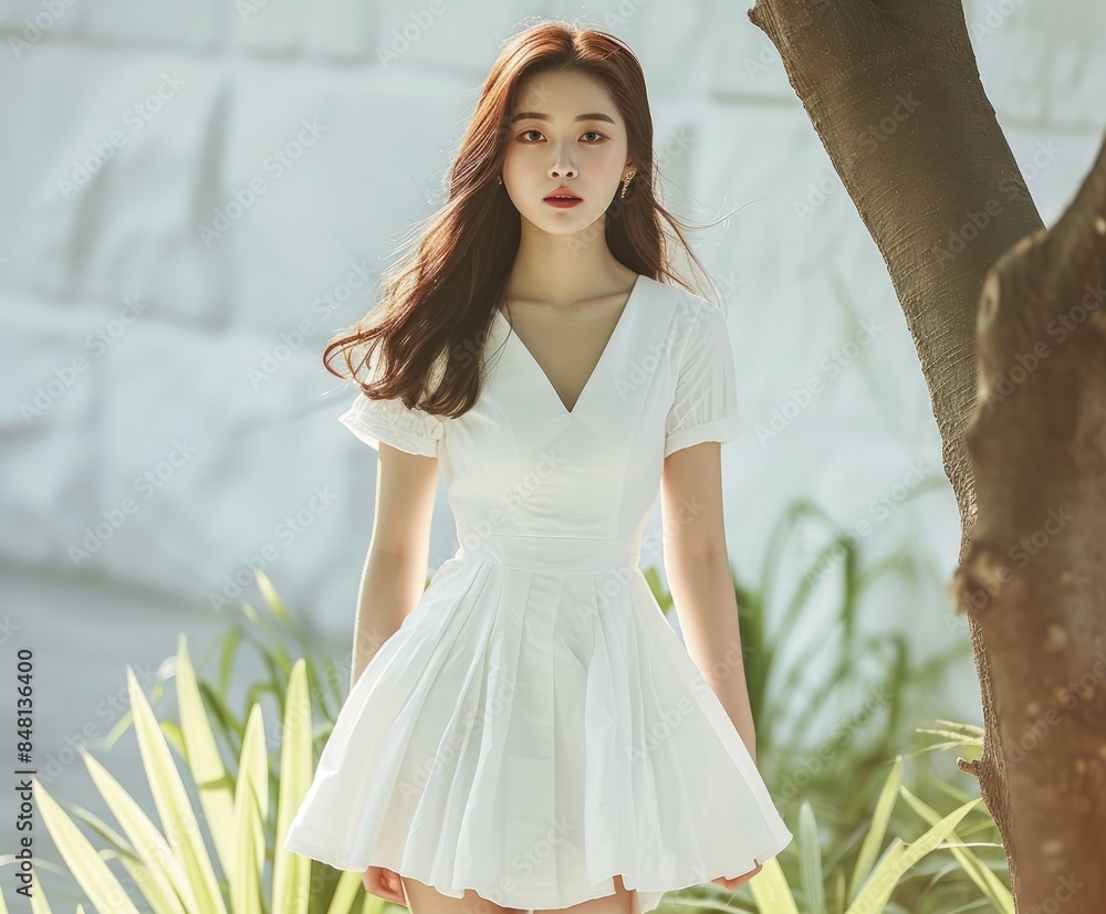 Elegant asian model fashion in a stylish white mini dress with brunette hair standing on a natural green plant backdrop Elegant asian model fashion in a stylish white mini dress with brunette hair standing on a natural green plant backdrop