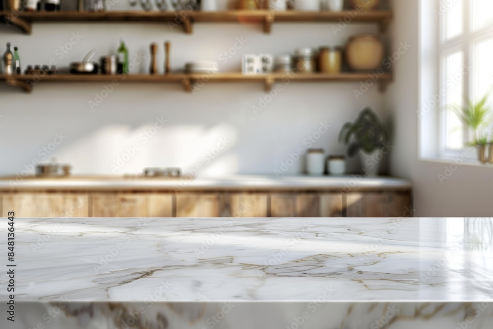 An interior design mock up with a stone table on a background of kitchen accessories An interior design mock up with a stone table on a background of kitchen accessories