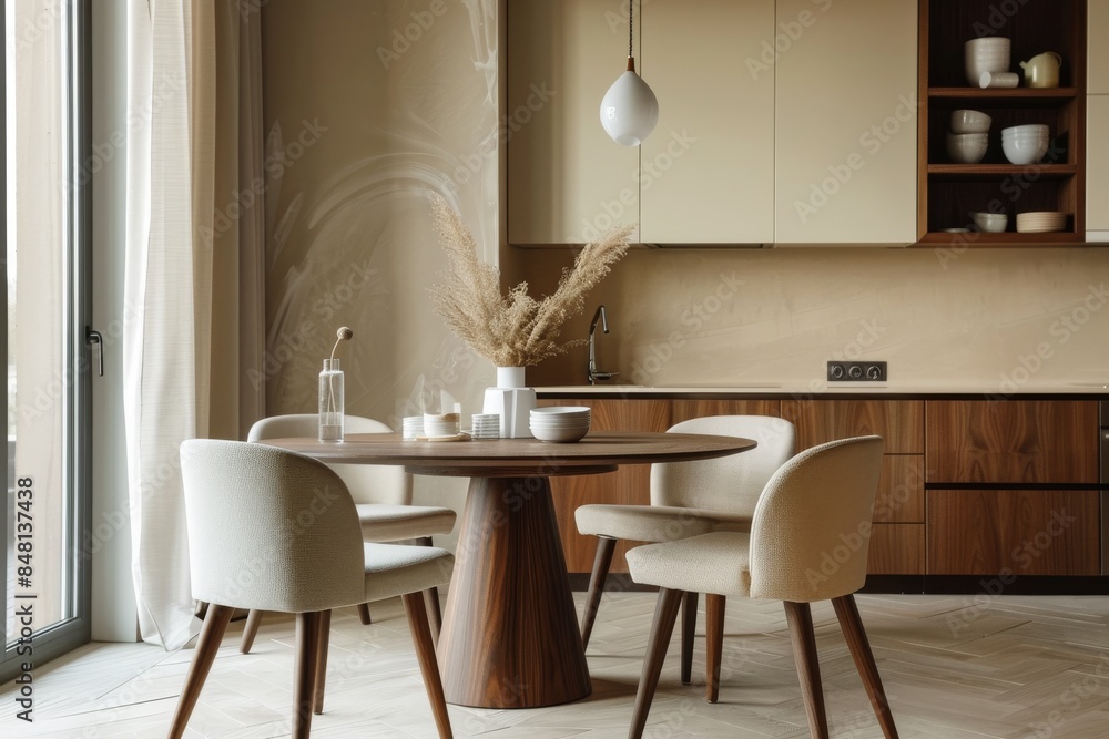 The kitchen interior has white cabinets and a table with beige legs The kitchen interior has white cabinets and a table with beige legs