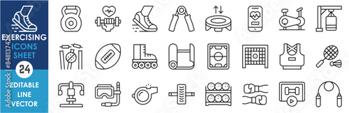 A set of line icons related to exercising and trainings. Stadium, gym, weight, cricket, rugby, run, badminton, boxing, swimming, skipping and so on. Vector outline icons set.