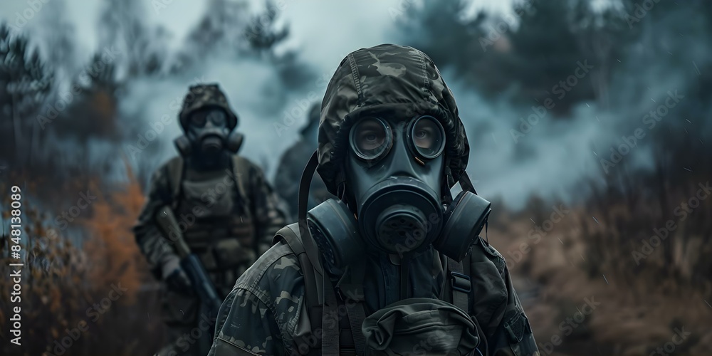 Soldiers in gas masks are ready for combat in a smoky area. Concept Military, Combat, Gas masks, Smoky, Soldiers Soldiers in gas masks are ready for combat in a smoky area. Concept Military, Combat, Gas masks, Smoky, Soldiers