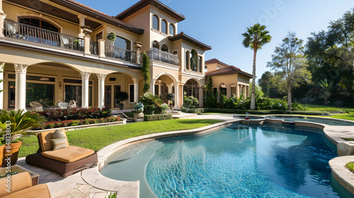 Grand multi-level home featuring a balcony, shimmering pool, and lush, manicured lawn