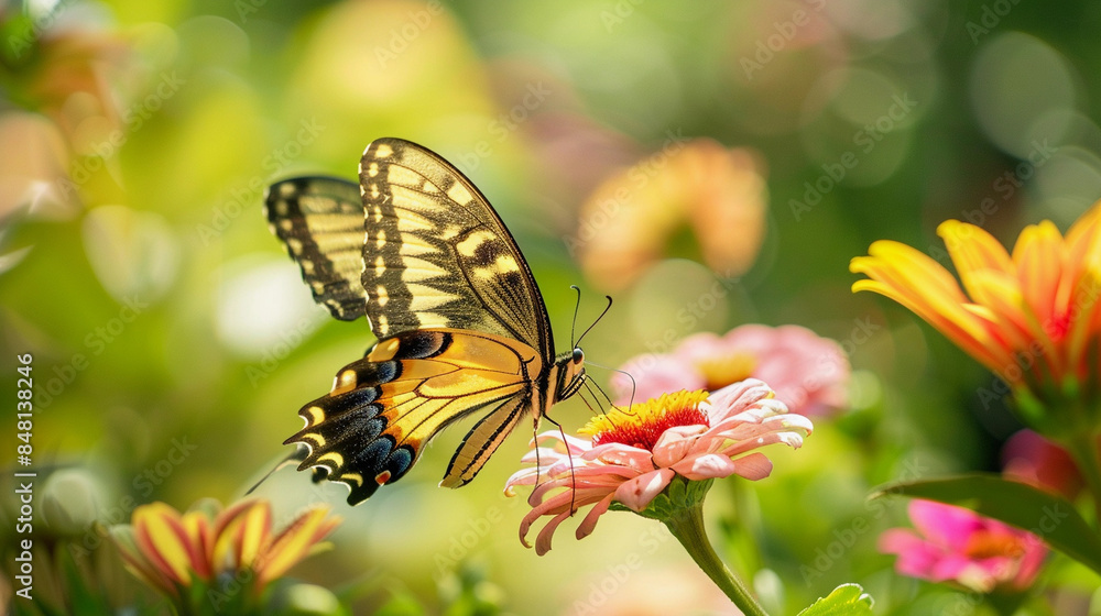 Butterfly Alights on Pink Flower in a Serene Garden. Butterfly Alights on Pink Flower in a Serene Garden.