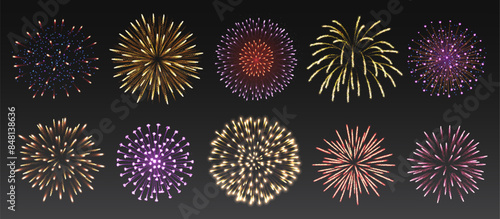 Sparkling fireworks in dark sky realistic vector illustration set. Colorful shimmering explosions for holiday 3d elements on black background