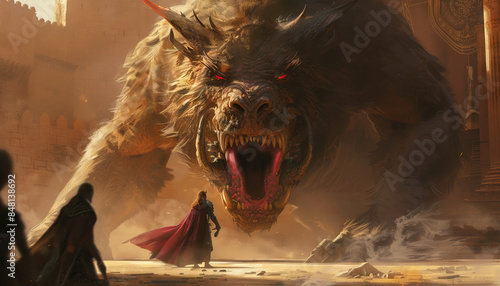 Fototapeta Naklejka Na Ścianę i Meble -  Legends speak of a mythical beast that once vanquished the advancing dark knights, its legacy immortalized in ancient tapestries and ballads