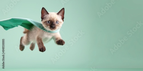 Adorable kitten wearing a green cape, flying heroically in midair against a light green background. Perfect for concept of a superhero cat.