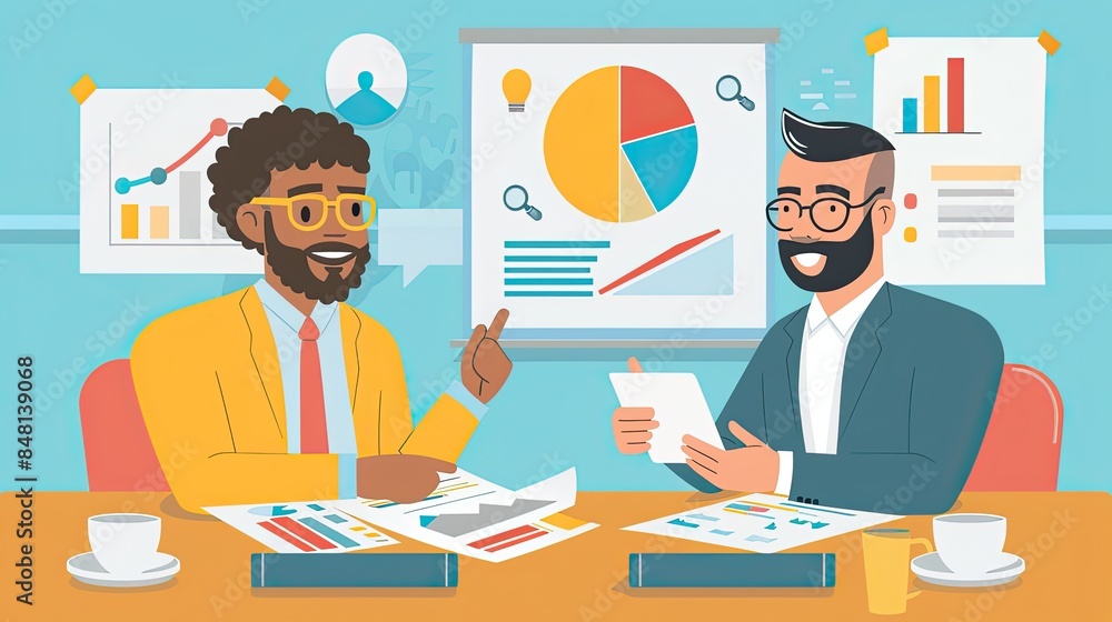 Caucasian and a Hispanic business analyst co-presenting a new market expansion plan to a diverse executive board Caucasian and a Hispanic business analyst co-presenting a new market expansion plan to a diverse executive board