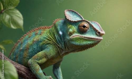 Wallpaper Mural close-up of a green chameleon on a branch, with a focus on its large eyes and detailed skin texture. Torontodigital.ca