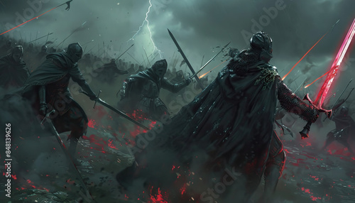 Amidst the chaos of battle, the advancing dark knights unleash their fury, their movements swift and precise as they clash with an opposing army under stormy skies