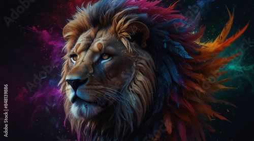 A manly, feathered male lion emits a colorful aura against a dark background with a few splashes of ink