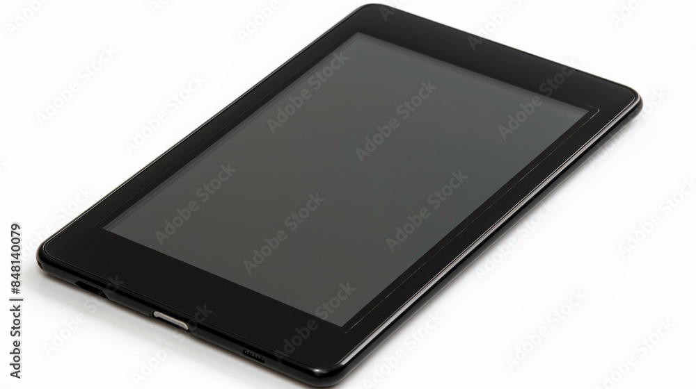 A black tablet with a black screen sits on a white background A black tablet with a black screen sits on a white background