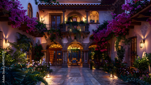 Mediterranean-style villa with glowing interior lights and a courtyard filled with blooming flowers
