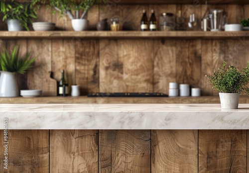 Stock AI creates modern wooden kitchen cabinets with a marble countertop and empty wall space for product display. © Mark