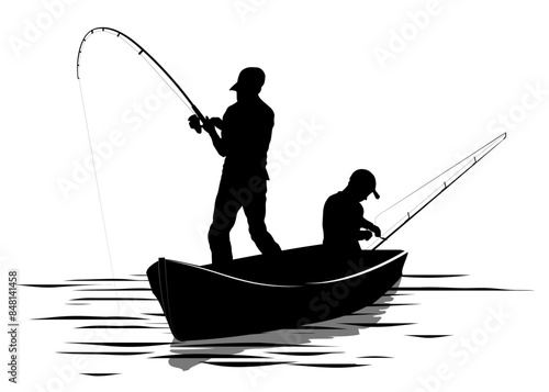 Family silhouettes. Father and son fishing in a boat. Vector illustration	
