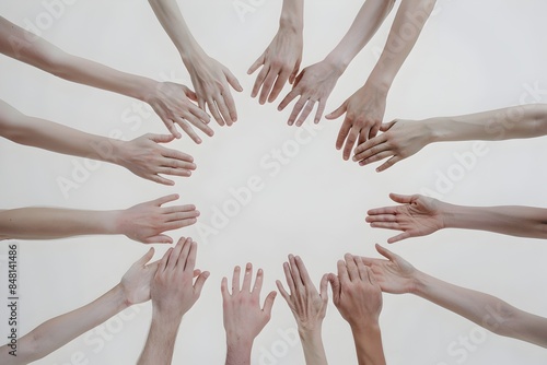 hands shaping an O, holding each other's shoulders and forming a circle, symbolizing unity on a white background