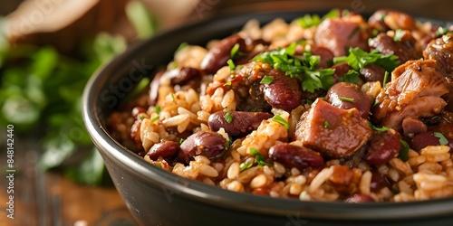 Closeup of Cajun seasoned red beans and rice with smoked ham hock. Concept Food Photography, Cajun Cuisine, Red Beans and Rice, Smoked Ham Hock, Close-up Shot