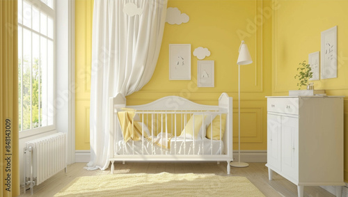Baby bedroom with a combination of yellow and white, wall hangings, children's toys and nice decorations.