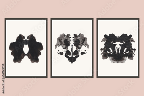 Rorschach watercolor inkblot posters, black watercolor Rorschach cards isolated on white background