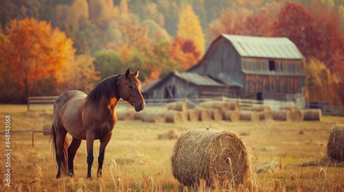 Horse in field in a farm with farm house in Autumn with colorful foliage photo