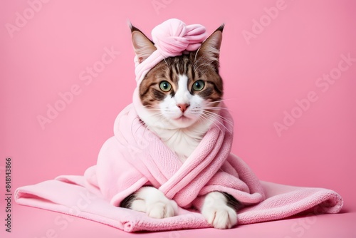 A Cat Is Wrapped In A Fluffy Pink Towel Against A Pink Background. Photo Of A Cat, Cat Photography, Cute Cat Photo, Cat Photo, Cat Design, Draped In Pink And Green Robes, Anthropomorphic Female Cat, A