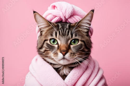 A Cat Is Wrapped In A Fluffy Pink Towel Against A Pink Background. Photo Of A Cat, Cat Photography, Cute Cat Photo, Cat Photo, Cat Design, Draped In Pink And Green Robes, Anthropomorphic Female Cat, A