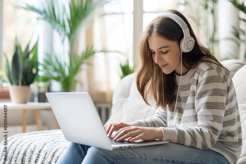 Smiling white teenage girl using laptop at home, back to school and remote learning concept Smiling white teenage girl using laptop at home, back to school and remote learning concept
