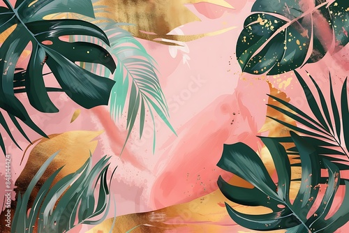 Chic abstract botanical poster design with palm leaves and elegant tropical elements, combining graphic art and luxury inspired by Hawaii, with space above for text photo