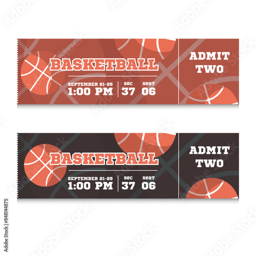 Vector Tickets isolated on white background. Basketball ticket card template. Card invitation, event and date, place sector. Ticket icon for website.