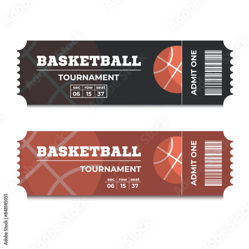 Vector Tickets isolated on white background. Basketball ticket card template. Card invitation, event and date, place sector. Ticket icon for website.