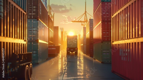 Logistics and transportation at sunset with a truck moving through a shipping container yard. Industrial and maritime freight concept.