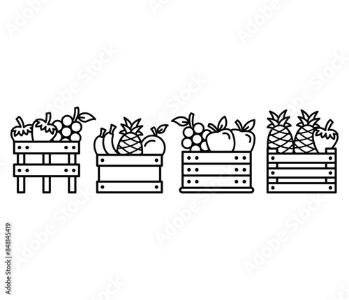 harvest fruit wooden box farm icons vector design symbol black white color illustration sets
