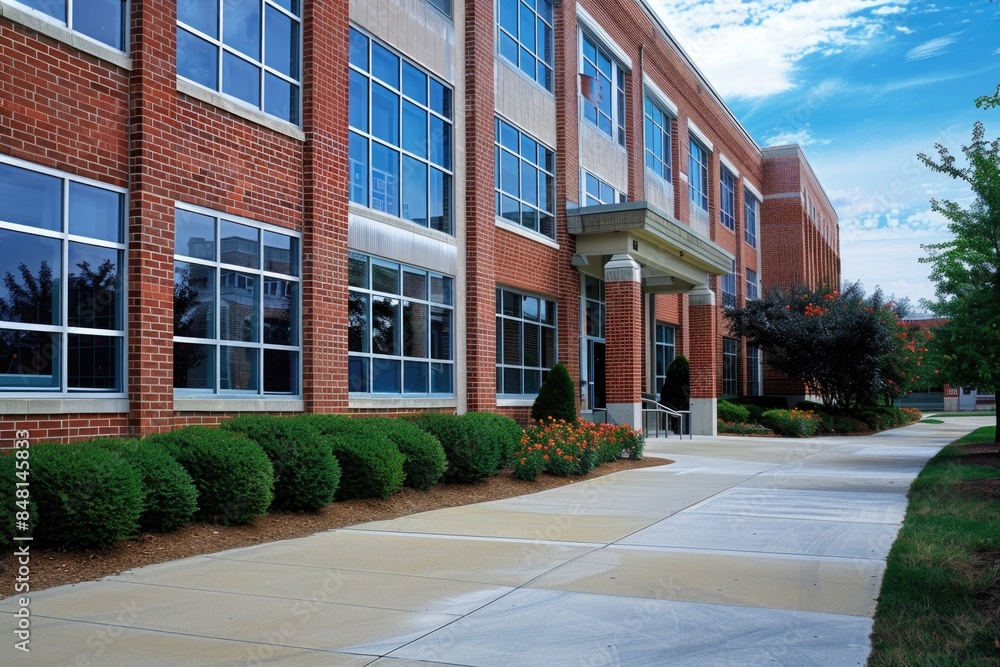 Outside Of School. American Architectural Building with Brick Exterior for Academic Education