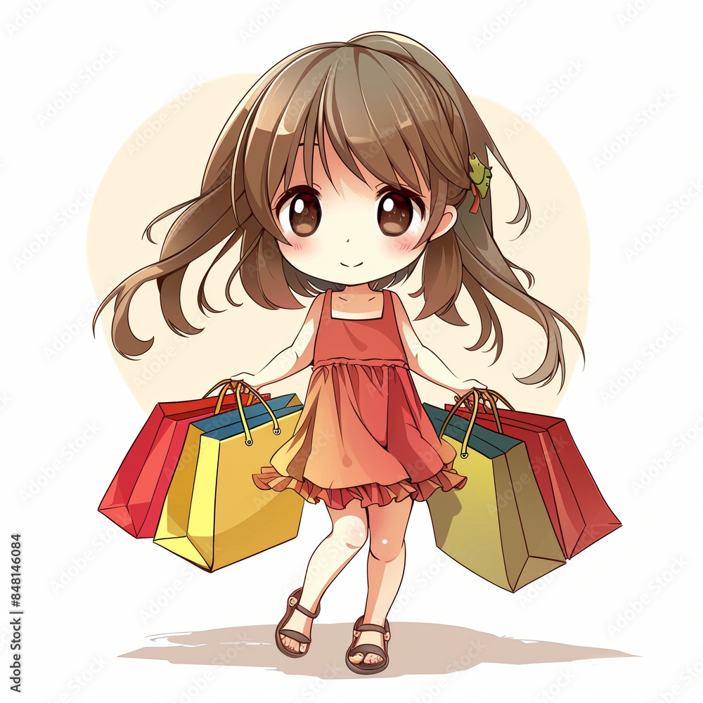 Cute cartoon character girl shopping with shopping bag Cute cartoon character girl shopping with shopping bag